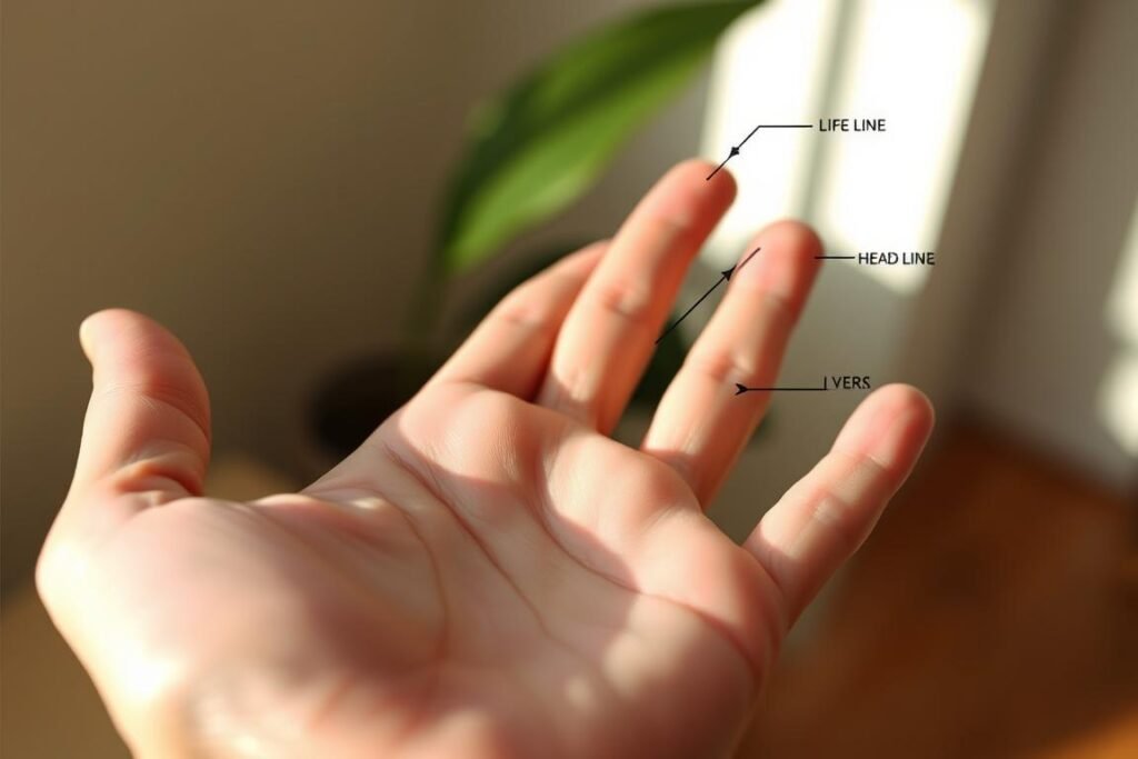Dłoń z zaznaczonymi liniami chiromantycznymi i ich interpretacją