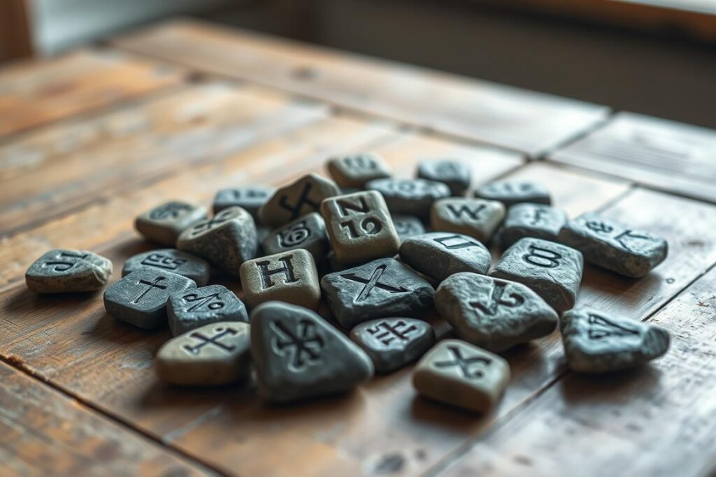 Kamienne runy rozłożone na drewnianym stole z wygrawerowanymi symbolami