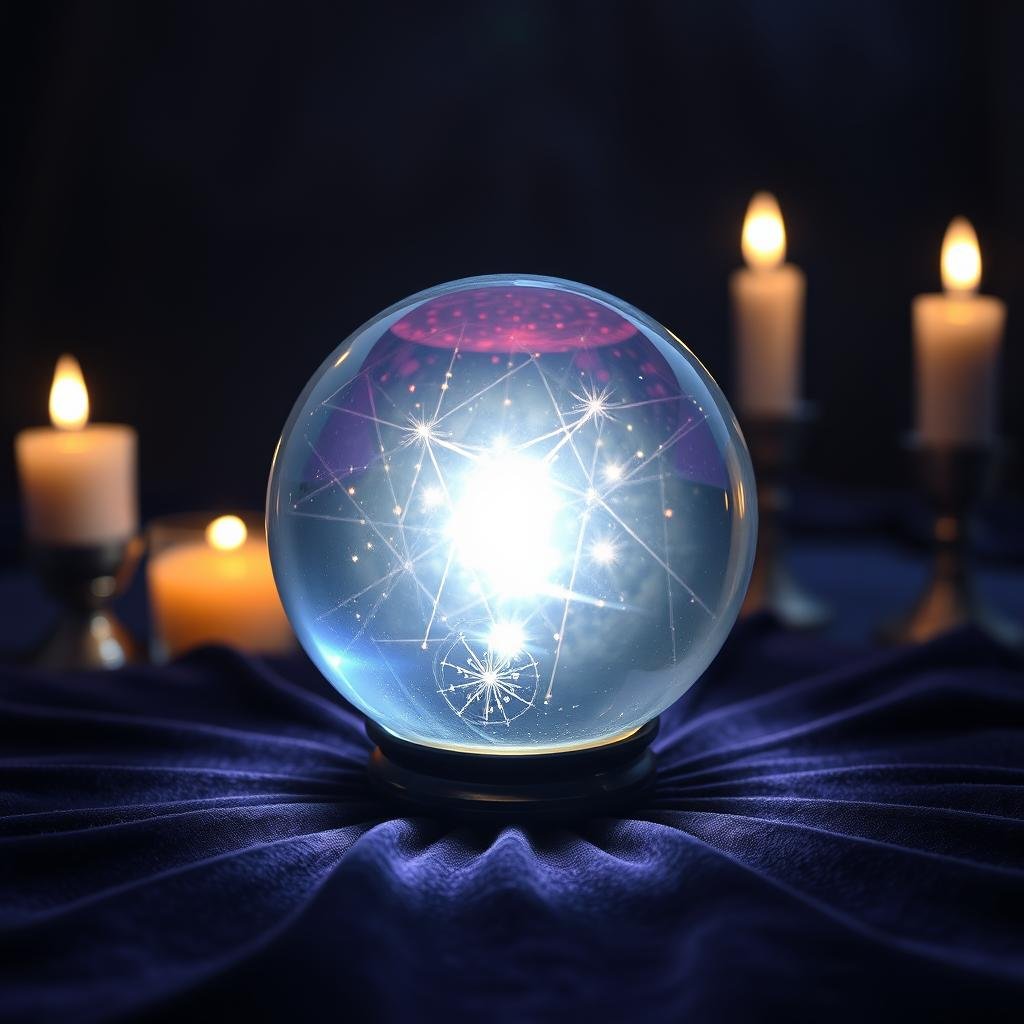 Kryształowa kula na ciemnym stole z odbijającym się światłem