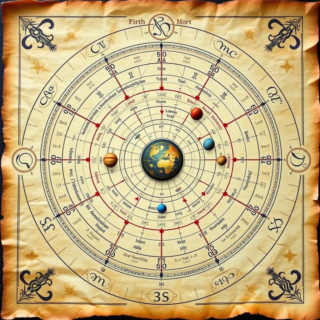 Szczegółowa karta natalna z planetami, domami i aspektami astrologicznymi