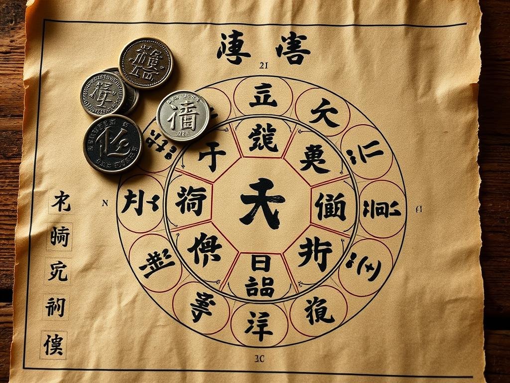 Tradycyjny układ heksagramów I Ching z monetami używanymi do wróżby