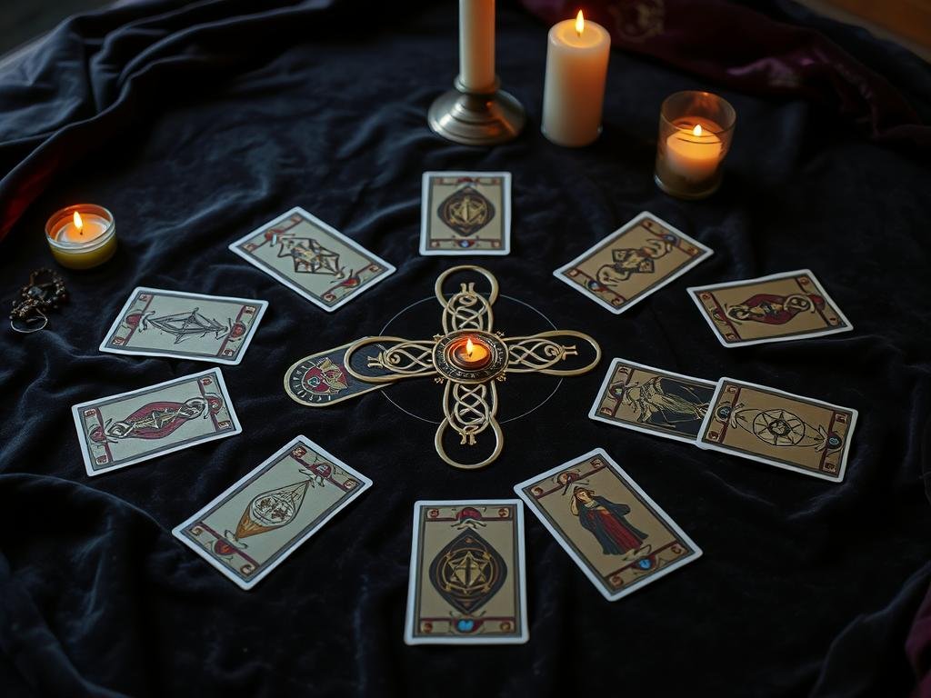 Układ kart tarota w kształcie krzyża celtyckiego na ciemnym, aksamitnym materiale