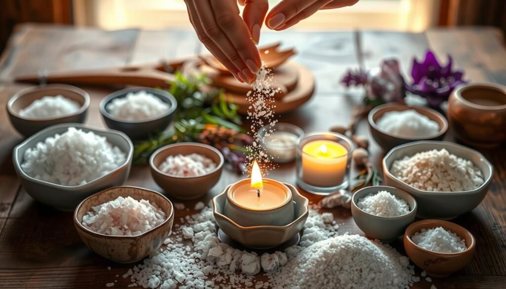A beautifully arranged composition featuring a variety of salt types—sea salt, Himalayan pink salt, and coarse kosher salt—displayed in elegant ceramic bowls. In the foreground, a pair of hands, dressed in modest casual attire, is seen sprinkling salt over a small, glowing candle, which symbolizes protection against negative energies. The middle ground includes a softly glowing ambiance created by the candlelight, casting gentle shadows that enhance the ritualistic atmosphere. The background features a rustic wooden table adorned with colorful herbs and crystals, subtly reflecting different cultures’ associations with salt. The lighting is warm and inviting, evoking a serene and contemplative mood, with a slightly blurred focus on the background, drawing attention to the act of using salt in this traditional ritual.