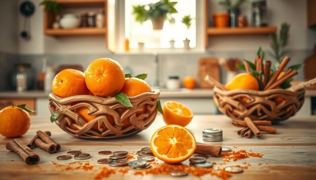 A beautifully arranged kitchen countertop featuring vibrant oranges and aromatic cinnamon sticks. In the foreground, an intricate wooden bowl filled with fresh oranges, their zesty peels glistening under soft, warm lighting. Scattered around are whole cinnamon sticks and a few cinnamon powder sprinkles, adding a rustic touch. In the middle ground, place shiny coins, representing wealth, alongside small homemade talismans crafted from natural materials. The background features a cozy kitchen ambiance with shelves adorned with jars and herbs, gently illuminated by natural sunlight coming through a window. The scene conveys a warm, inviting atmosphere, embodying the spirit of abundance and energy in the kitchen. A beautifully arranged kitchen countertop featuring vibrant oranges and aromatic cinnamon sticks. In the foreground, an intricate wooden bowl filled with fresh oranges, their zesty peels glistening under soft, warm lighting. Scattered around are whole cinnamon sticks and a few cinnamon powder sprinkles, adding a rustic touch. In the middle ground, place shiny coins, representing wealth, alongside small homemade talismans crafted from natural materials. The background features a cozy kitchen ambiance with shelves adorned with jars and herbs, gently illuminated by natural sunlight coming through a window. The scene conveys a warm, inviting atmosphere, embodying the spirit of abundance and energy in the kitchen.