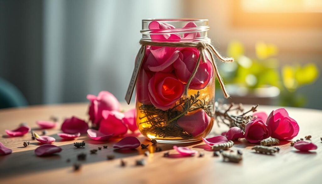 A beautifully crafted spell jar centered in the foreground, showcasing a delicate glass container filled with vibrant pink rose petals, glistening honey, and a mix of enchanting herbs and spices. The jar is adorned with twine and a small tag. Surrounding the jar are scattered rose petals and herbs, casting gentle shadows. The middle ground features a softly blurred wooden table that adds a warm, earthy tone to the scene. In the background, hints of greenery and soft, diffused light filter through, creating an inviting and serene atmosphere. The mood is tranquil and harmonious, suggesting a nurturing energy centered around self-love and emotional strength. The lighting is warm and inviting, employing a soft focus to enhance the magical feel of the composition.