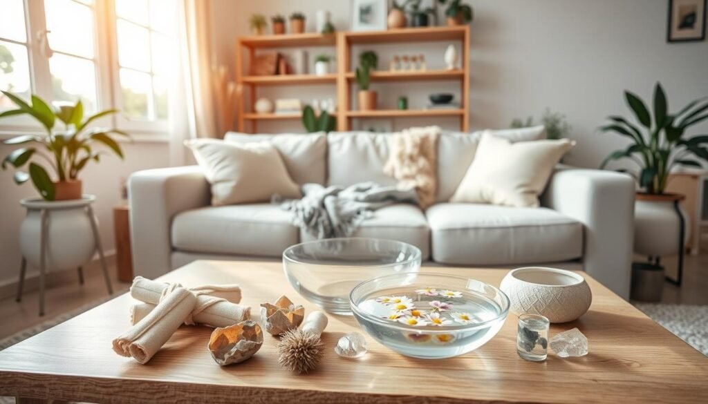 A bright, inviting living room setting that reflects a peaceful atmosphere, with soft, natural lighting streaming in through large windows. In the foreground, a neatly arranged coffee table displaying various cleansing tools like sage bundles, crystals, and a bowl of water with floating flowers. The middle ground features a cozy sofa adorned with light-colored throw pillows and a neatly folded blanket. In the background, a bookshelf filled with plants, books, and decorative items adds depth. The overall mood is serene and calming, perfect for preparing for a cleansing ritual, showcasing a harmonious blend of home comfort and spiritual cleansing. The angle should be slightly elevated, capturing the entire room in a warm and inviting ambiance.