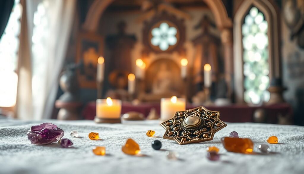 A captivating and serene scene focused on the concept of "domu" as a protective talisman. In the foreground, a beautifully crafted talisman made of polished stones and intricate metalwork rests on a soft, textured surface, surrounded by small, vibrant crystals like amethyst and citrine, symbolizing positive energy and protection. In the middle ground, soft, glowing candles emit a warm light, creating a calming atmosphere. The background features a blurred, ethereal representation of an ancient room filled with mystical artifacts and symbols of protection, bathed in gentle, dappled sunlight filtering through a window. The overall mood is one of tranquility, safety, and spiritual empowerment, inviting the viewer into a sacred space of daily protection rituals.