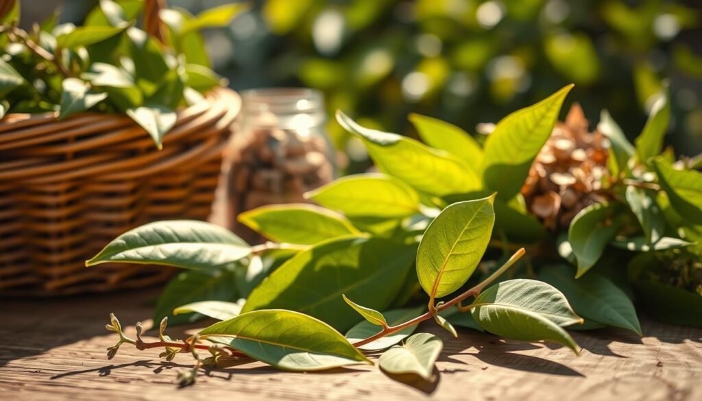 A close-up composition featuring vibrant, glossy bay leaves on a rustic wooden table, with sunlight softly illuminating their rich green color. The foreground showcases a woven basket filled with freshly picked bay leaves, while sprigs of other herbs subtly accent the arrangement. In the middle ground, a delicate, glass jar filled with dried bay leaves reflects warmth and light, creating a cozy ambiance. The background includes soft focuses of blurred greenery, hinting at a lush garden. The mood evokes a sense of abundance and prosperity, emphasizing the traditional associations of bay leaves with wealth and success. The lighting is warm and inviting, reminiscent of a peaceful afternoon, capturing the essence of this symbolic herb beautifully. A close-up composition featuring vibrant, glossy bay leaves on a rustic wooden table, with sunlight softly illuminating their rich green color. The foreground showcases a woven basket filled with freshly picked bay leaves, while sprigs of other herbs subtly accent the arrangement. In the middle ground, a delicate, glass jar filled with dried bay leaves reflects warmth and light, creating a cozy ambiance. The background includes soft focuses of blurred greenery, hinting at a lush garden. The mood evokes a sense of abundance and prosperity, emphasizing the traditional associations of bay leaves with wealth and success. The lighting is warm and inviting, reminiscent of a peaceful afternoon, capturing the essence of this symbolic herb beautifully.