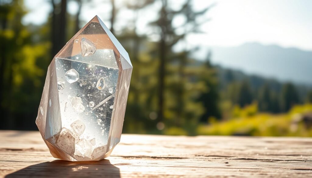 A close-up image of a stunning "kryształ górski" (rock crystal) set against a serene natural backdrop. In the foreground, the crystal is displayed prominently, showcasing its intricate facets and clear, luminous surface, reflecting sunlight with a soft sparkle. The middle-ground features a blurred, tranquil forest scene with gentle green foliage and dappled sunlight filtering through the trees, creating a peaceful atmosphere. In the background, a distant mountain range is softly shrouded in mist, adding depth to the image. The lighting is warm and inviting, with the sun positioned low in the sky to enhance the crystal's clarity and beauty. The overall mood is calm and introspective, perfect for evoking a sense of preparation and intention in a ritual context.