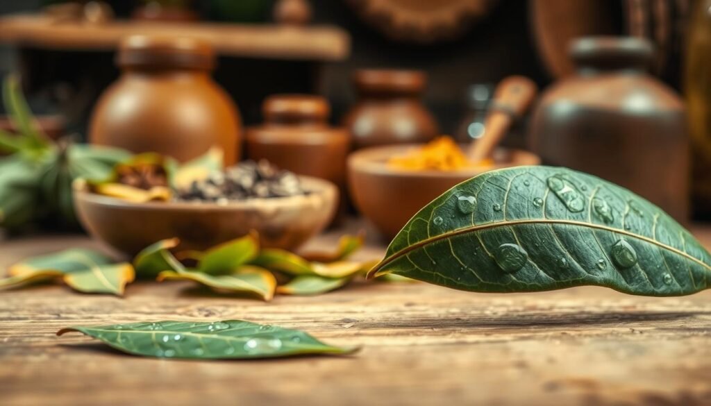 A close-up of a fresh bay leaf (liść laurowy) resting on an elegant wooden surface, with droplets of water glistening on its surface to evoke vitality and purity. In the middle ground, slightly blurred, are scattered dried bay leaves, showcasing their rich green hues and golden-brown edges, representing tradition. In the background, softly lit, a blurred rustic kitchen setting with herbs and spices in clay jars, suggesting a connection to rituals and natural remedies. The warm, inviting lighting creates a cozy and mystical atmosphere, emphasizing the symbolic power of the bay leaf in financial rituals. The image should have a shallow depth of field, focusing on the bay leaf, capturing its details and textures, while evoking a sense of harmony and natural abundance. A close-up of a fresh bay leaf (liść laurowy) resting on an elegant wooden surface, with droplets of water glistening on its surface to evoke vitality and purity. In the middle ground, slightly blurred, are scattered dried bay leaves, showcasing their rich green hues and golden-brown edges, representing tradition. In the background, softly lit, a blurred rustic kitchen setting with herbs and spices in clay jars, suggesting a connection to rituals and natural remedies. The warm, inviting lighting creates a cozy and mystical atmosphere, emphasizing the symbolic power of the bay leaf in financial rituals. The image should have a shallow depth of field, focusing on the bay leaf, capturing its details and textures, while evoking a sense of harmony and natural abundance.