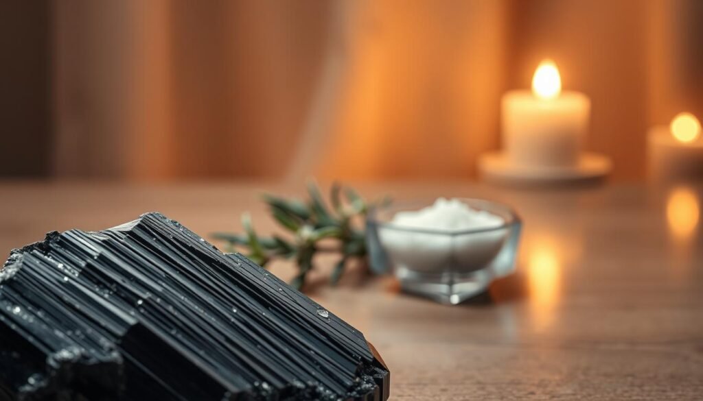 A close-up of a powerful black tourmaline crystal, showcasing its glossy surface and unique formations, set in an elegant, softly lit environment. The foreground highlights the crystal’s sharp edges and natural striations, reflecting subtle light to reveal its deep black hues. In the middle ground, a few sprigs of sage and a small bowl of coarse salt are artfully placed, symbolizing protection and purification. The background fades into a calming, blurred gradient with warm, ambient lighting that evokes a sense of safety and tranquility. The overall mood is serene and protective, capturing the essence of daily spiritual fortification against negative energy.