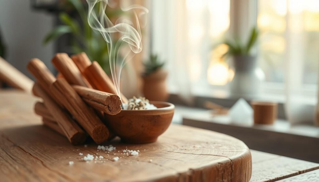 A close-up of palo santo wood sticks arranged on a natural wooden surface, displaying their rich, warm tones and distinct grain patterns. In the foreground, delicate smoke rises from the burning end of a palo santo stick, swirling gracefully in the air. The middle ground features a small, earthy ceramic bowl filled with salt and dried herbs, symbolizing purification and protection. Soft, golden, ambient light filters in from a nearby window, creating a calming and serene atmosphere. In the background, a blurred view of a peaceful indoor space with plants and crystals, hinting at a spiritual environment without distractions. The overall mood conveys tranquility, purity, and a sense of sacred ritual, perfect for a cleansing ceremony.