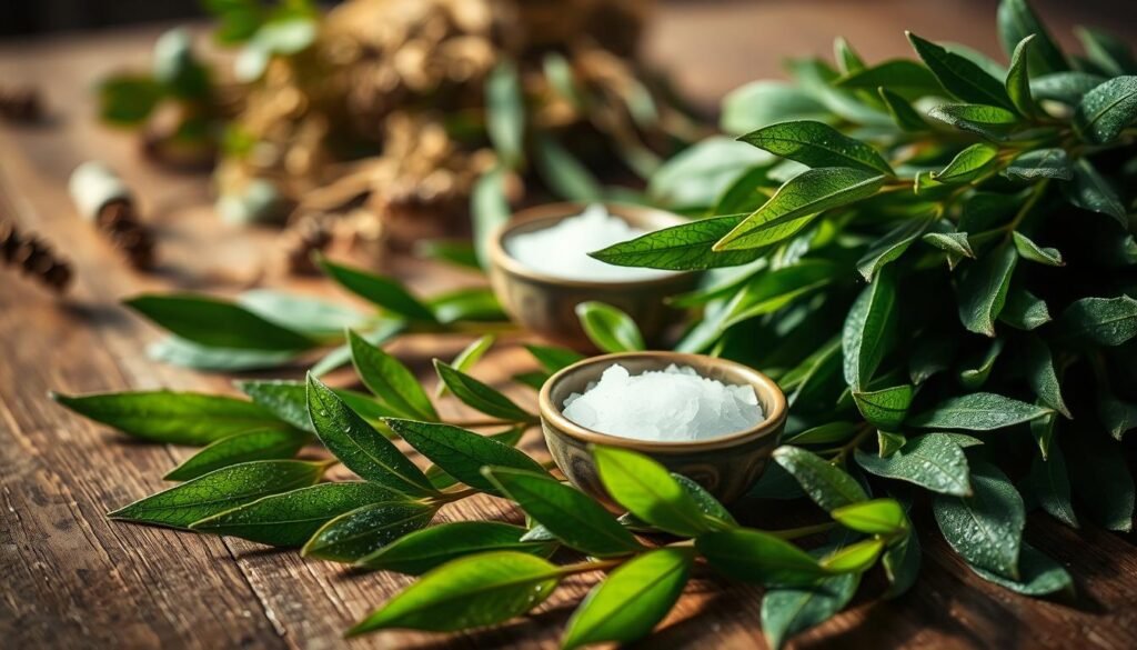 A close-up of vibrant green laurel leaves, glistening with morning dew, arranged artfully on a rustic wooden table. In the foreground, several whole, fresh laurel leaves and a few dried ones curled at the edges create a natural texture. The middle ground features a small, elegant ceramic bowl filled with sea salt, representing preparation for a ritual. The background is softly blurred to include hints of natural herbs, with soft, warm lighting casting gentle shadows, evoking a serene and mystical atmosphere. The overall mood is calm and inviting, ideal for setting the stage for a meaningful ritual. A close-up of vibrant green laurel leaves, glistening with morning dew, arranged artfully on a rustic wooden table. In the foreground, several whole, fresh laurel leaves and a few dried ones curled at the edges create a natural texture. The middle ground features a small, elegant ceramic bowl filled with sea salt, representing preparation for a ritual. The background is softly blurred to include hints of natural herbs, with soft, warm lighting casting gentle shadows, evoking a serene and mystical atmosphere. The overall mood is calm and inviting, ideal for setting the stage for a meaningful ritual.