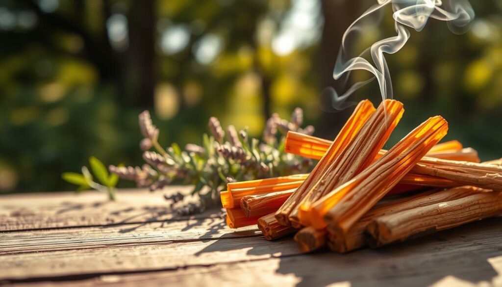 A close-up view of dried palo santo wood pieces arranged artistically on a rustic wooden surface. The foreground features vibrant, warm-colored palo santo sticks radiating subtle golden hues, with delicate smoke wisps gracefully rising from the surface, creating a serene and calming ambiance. In the middle ground, soft-focus lush greenery and small aromatic herbs, like sage and lavender, subtly enhance the atmosphere, evoking a sense of nature and purity. The background is softly blurred with a gentle bokeh effect, suggesting a serene outdoor environment with dappled sunlight filtering through trees, casting a warm glow. The overall mood is tranquil and inviting, ideal for exploring the rich, woody, and slightly citrusy aroma of palo santo. Light should be soft and warm, emphasizing the natural beauty of the wood.