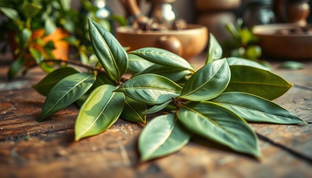 A close-up view of fresh bay leaves, their glossy green surfaces reflecting soft, natural light. The leaves are arranged artistically on a rustic wooden surface, with a few scattered around, emphasizing their organic beauty. In the background, soft-focus elements hint at a cozy kitchen setting, adorned with herbs and spices, to create a warm, inviting atmosphere. The image captures a serene moment, evoking a sense of ritual and mindfulness. The lighting should be warm and soft, simulating late afternoon sunlight, enhancing the texture and color of the leaves. The composition should draw the viewer's eye toward the bay leaves while maintaining an overall harmonious feeling. A close-up view of fresh bay leaves, their glossy green surfaces reflecting soft, natural light. The leaves are arranged artistically on a rustic wooden surface, with a few scattered around, emphasizing their organic beauty. In the background, soft-focus elements hint at a cozy kitchen setting, adorned with herbs and spices, to create a warm, inviting atmosphere. The image captures a serene moment, evoking a sense of ritual and mindfulness. The lighting should be warm and soft, simulating late afternoon sunlight, enhancing the texture and color of the leaves. The composition should draw the viewer's eye toward the bay leaves while maintaining an overall harmonious feeling.
