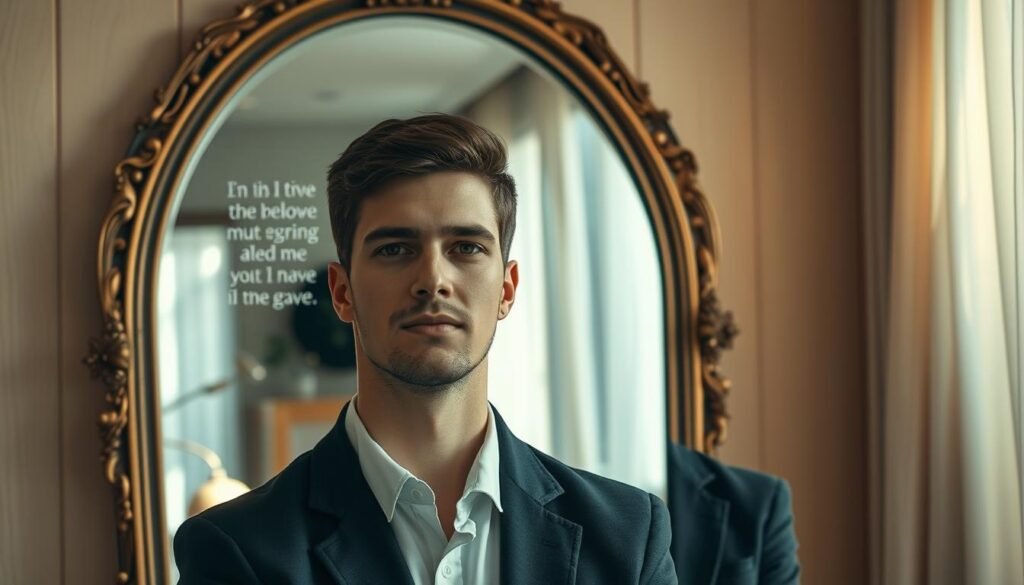 A confident individual stands in front of a large, ornate mirror, dressed in smart casual attire, exuding an aura of self-assurance. The foreground captures the person's reflective gaze, with a soft, determined expression that conveys inner strength. In the middle, the mirror frames their figure, while subtle reflections of inspiring quotes float softly in the background, creating an atmosphere of motivation. The background is a cozy, warmly lit room with soft wood accents, enhancing the sense of comfort and introspection. Gentle sunlight filters through sheer curtains, casting a warm glow that highlights the subject's features. The overall mood balances empowerment and serenity, illustrating the transformative power of self-reflection and intention. A confident individual stands in front of a large, ornate mirror, dressed in smart casual attire, exuding an aura of self-assurance. The foreground captures the person's reflective gaze, with a soft, determined expression that conveys inner strength. In the middle, the mirror frames their figure, while subtle reflections of inspiring quotes float softly in the background, creating an atmosphere of motivation. The background is a cozy, warmly lit room with soft wood accents, enhancing the sense of comfort and introspection. Gentle sunlight filters through sheer curtains, casting a warm glow that highlights the subject's features. The overall mood balances empowerment and serenity, illustrating the transformative power of self-reflection and intention.
