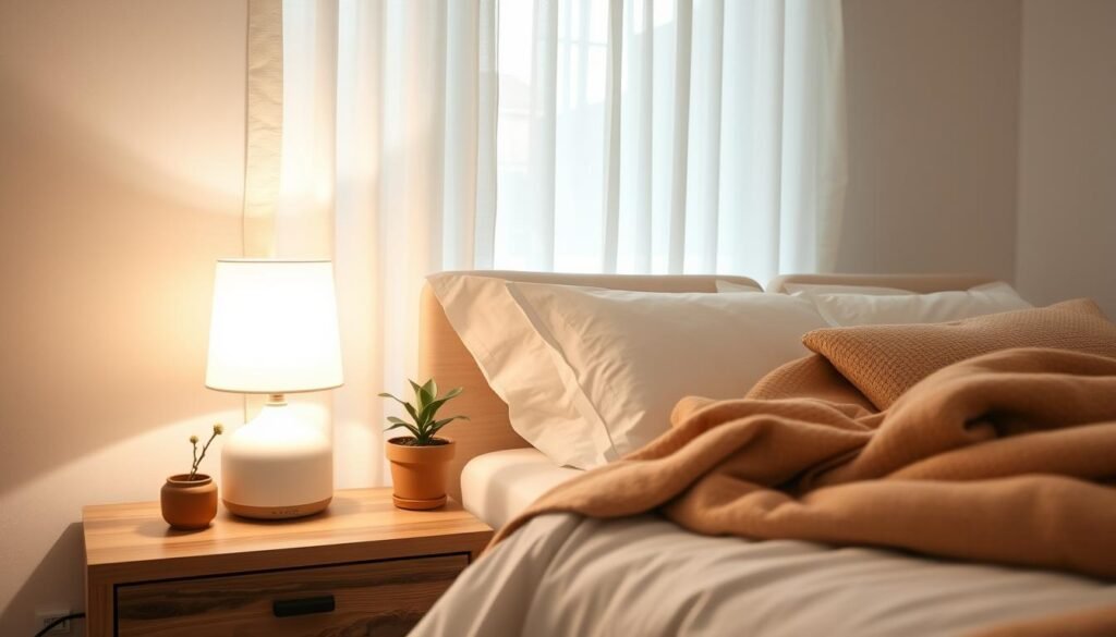 A cozy bedroom scene focused on a bedside area that promotes serenity and restful sleep. In the foreground, a beautifully designed wooden bedside table holds a soft glowing lamp, a small plant in a terracotta pot, and a calming essential oil diffuser emitting gentle wisps of vapor. The middle ground features a neatly made bed with fluffy pillows and a warm, inviting blanket. Behind the bed, soft curtains filter delicate natural light, creating a tranquil atmosphere. The walls are painted in soothing pastel colors, enhancing the overall peaceful vibe. The room is meticulously organized, free of clutter, with a gentle sense of harmony and comfort. The soft lighting casts inviting shadows, emphasizing the inviting nature of the space, ideal for promoting sleep and relaxation.