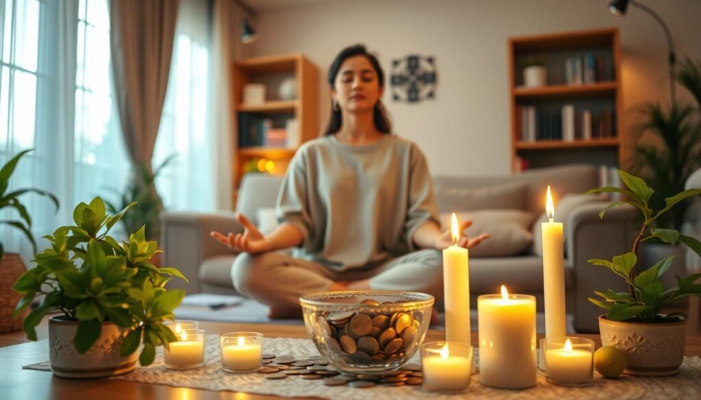 A cozy home interior scene focused on a money ritual. In the foreground, a small table adorned with candles, a bowl of coins, and vibrant green plants, symbolizing wealth and prosperity. In the middle ground, a person dressed in modest casual clothing, sitting cross-legged, eyes closed in meditation, surrounded by soft, glowing candlelight. The background features a warm, inviting living room, with a bookshelf and softly flowing curtains illuminated by a gentle evening light. The atmosphere is serene and spiritual, evoking a sense of tranquility and hopefulness. The composition captures a close-up perspective, emphasizing the ritual elements while ensuring a harmonious, uplifting mood. A cozy home interior scene focused on a money ritual. In the foreground, a small table adorned with candles, a bowl of coins, and vibrant green plants, symbolizing wealth and prosperity. In the middle ground, a person dressed in modest casual clothing, sitting cross-legged, eyes closed in meditation, surrounded by soft, glowing candlelight. The background features a warm, inviting living room, with a bookshelf and softly flowing curtains illuminated by a gentle evening light. The atmosphere is serene and spiritual, evoking a sense of tranquility and hopefulness. The composition captures a close-up perspective, emphasizing the ritual elements while ensuring a harmonious, uplifting mood.