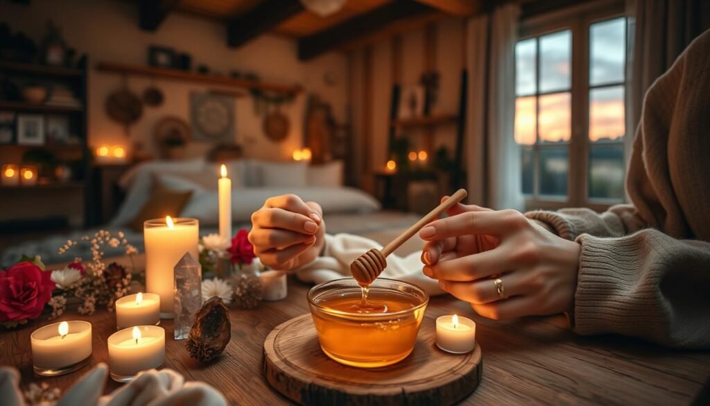 A cozy, intimate scene depicting a honey ritual for love at home. In the foreground, a beautifully arranged wooden table with a small bowl filled with golden honey, surrounded by lit candles, flowers, and delicate crystals. A pair of hands, in modest casual attire, dips a wooden honey stick into the bowl, glistening with honey. In the middle, soft fabrics drape around the table, with a warm glow from candlelight creating a romantic ambiance. The background features a softly illuminated room with rustic decor, wooden beams, and a window showing a serene evening sky. The lighting is warm and inviting, casting gentle shadows. The atmosphere is serene, filled with a sense of love, intention, and connection, perfect for a ritual focused on sweetness in life and relationships. A cozy, intimate scene depicting a honey ritual for love at home. In the foreground, a beautifully arranged wooden table with a small bowl filled with golden honey, surrounded by lit candles, flowers, and delicate crystals. A pair of hands, in modest casual attire, dips a wooden honey stick into the bowl, glistening with honey. In the middle, soft fabrics drape around the table, with a warm glow from candlelight creating a romantic ambiance. The background features a softly illuminated room with rustic decor, wooden beams, and a window showing a serene evening sky. The lighting is warm and inviting, casting gentle shadows. The atmosphere is serene, filled with a sense of love, intention, and connection, perfect for a ritual focused on sweetness in life and relationships.