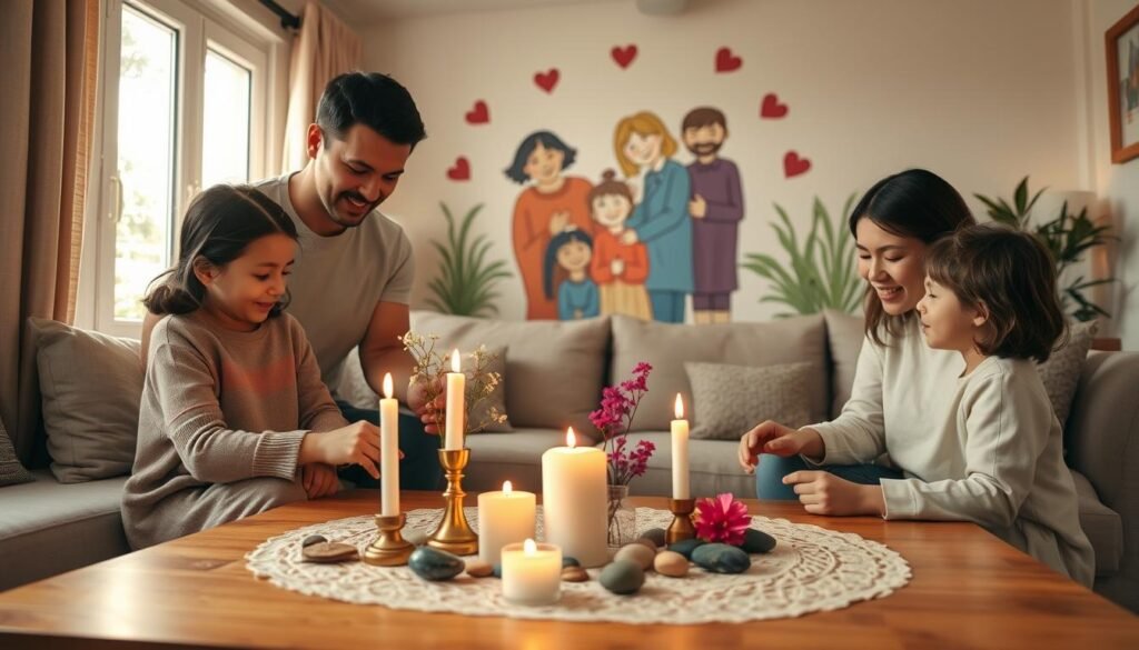 A cozy, inviting family living room setup for a ritual, where four family members—two adults and two children—are engaged in preparing for a peaceful family gathering. In the foreground, the adults, dressed in modest casual clothing, are arranging candles and flowers on a beautifully set table, while the children help by placing colorful stones around. The soft, warm lighting from a nearby window bathes the scene in a gentle glow, enhancing the relaxed atmosphere. In the background, a hand-painted family mural adds a sense of unity and warmth. The overall mood is harmonious and hopeful, reflecting a spirit of togetherness as they prepare to alleviate tension within the family. The image captures a moment of love and anticipation, emphasizing family bonds. A cozy, inviting family living room setup for a ritual, where four family members—two adults and two children—are engaged in preparing for a peaceful family gathering. In the foreground, the adults, dressed in modest casual clothing, are arranging candles and flowers on a beautifully set table, while the children help by placing colorful stones around. The soft, warm lighting from a nearby window bathes the scene in a gentle glow, enhancing the relaxed atmosphere. In the background, a hand-painted family mural adds a sense of unity and warmth. The overall mood is harmonious and hopeful, reflecting a spirit of togetherness as they prepare to alleviate tension within the family. The image captures a moment of love and anticipation, emphasizing family bonds.
