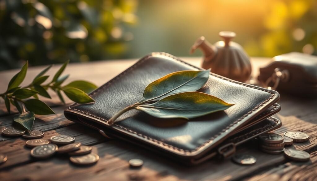 A detailed close-up of a luxurious leather wallet partially open, revealing a neatly placed bay leaf inside, symbolizing wealth and abundance. The wallet is set on a rustic wooden table, with soft, warm sunlight gently illuminating the scene, casting subtle shadows that enhance the textures of the leather and the leaf. In the background, hints of greenery blur softly, suggesting a serene outdoor atmosphere, while a few scattered coins and a vintage coin purse add context. The mood is tranquil and inviting, evoking a sense of ritual and tradition. The image captures the essence of the bay leaf’s association with prosperity, creating a harmonious composition that draws the viewer's attention to the wallet and its contents. A detailed close-up of a luxurious leather wallet partially open, revealing a neatly placed bay leaf inside, symbolizing wealth and abundance. The wallet is set on a rustic wooden table, with soft, warm sunlight gently illuminating the scene, casting subtle shadows that enhance the textures of the leather and the leaf. In the background, hints of greenery blur softly, suggesting a serene outdoor atmosphere, while a few scattered coins and a vintage coin purse add context. The mood is tranquil and inviting, evoking a sense of ritual and tradition. The image captures the essence of the bay leaf’s association with prosperity, creating a harmonious composition that draws the viewer's attention to the wallet and its contents.