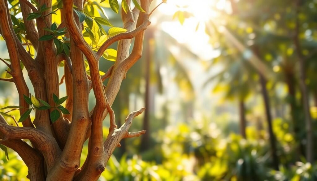 A detailed rendering of Bursera graveolens, also known as palo santo, showcasing its distinctive bark and green leaves. In the foreground, focus on a cluster of twisted branches and textured bark, emphasizing the wood's rich hues of golden brown and deep beige. In the middle ground, display the plant in its natural habitat, surrounded by soft, green foliage and the dappled light filtering through the trees, highlighting the inviting and serene atmosphere. In the background, include a blurred landscape of a sunlit, tropical forest, with gentle rays casting a warm glow. Capture the essence of tranquility and connection to nature, with a soft focus effect to evoke a sense of calm and reverence.