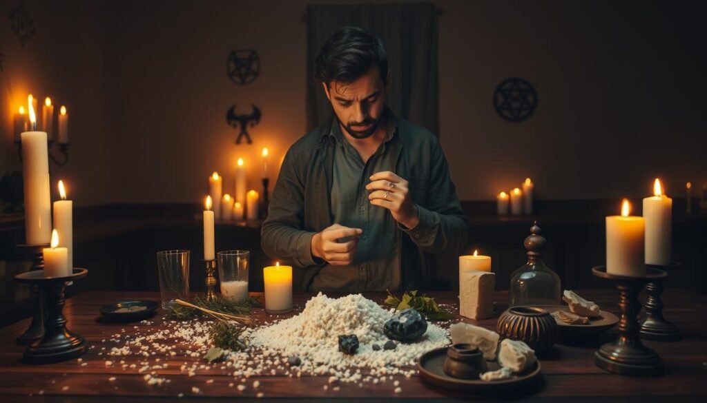 A dimly lit room, filled with the soft glow of flickering candles, creates an atmosphere of intimacy and focus. In the foreground, a table is adorned with common ritual items like salt, herbs, and crystals, showing signs of misuse; some items are spilled or unaligned. In the middle, a cautious figure dressed in modest casual clothing fumbles with the amulet, their expression reflecting confusion. The background reveals faint shadows of mysterious symbols on the walls, enhancing a sense of mystique. Utilize warm, inviting lighting with a slightly blurred background to keep the focus on the foreground. The mood conveys both caution and a sense of learning from common mistakes in protective rituals. A dimly lit room, filled with the soft glow of flickering candles, creates an atmosphere of intimacy and focus. In the foreground, a table is adorned with common ritual items like salt, herbs, and crystals, showing signs of misuse; some items are spilled or unaligned. In the middle, a cautious figure dressed in modest casual clothing fumbles with the amulet, their expression reflecting confusion. The background reveals faint shadows of mysterious symbols on the walls, enhancing a sense of mystique. Utilize warm, inviting lighting with a slightly blurred background to keep the focus on the foreground. The mood conveys both caution and a sense of learning from common mistakes in protective rituals.