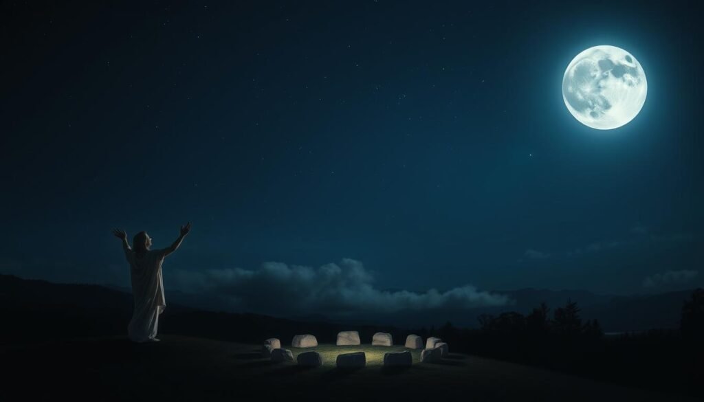 A luminous full moon shines brightly in a clear night sky, casting a soft, silvery glow over a tranquil landscape. In the foreground, a serene figure stands on a hilltop, dressed in flowing, modest clothing, with arms raised in a gesture of invocation. The middle ground features a circle of stones, suggesting a ritualistic arrangement, illuminated softly by the moonlight. Surrounding this scene, gentle clouds drift, creating an ethereal atmosphere. The background showcases dark silhouettes of trees and distant mountains under the vast expanse of the starry sky, enhancing the sense of depth. The lighting is soft, with a cool color palette emphasizing tranquility and introspection, evoking a mood of reverence and connection to the natural rhythms of the universe. A luminous full moon shines brightly in a clear night sky, casting a soft, silvery glow over a tranquil landscape. In the foreground, a serene figure stands on a hilltop, dressed in flowing, modest clothing, with arms raised in a gesture of invocation. The middle ground features a circle of stones, suggesting a ritualistic arrangement, illuminated softly by the moonlight. Surrounding this scene, gentle clouds drift, creating an ethereal atmosphere. The background showcases dark silhouettes of trees and distant mountains under the vast expanse of the starry sky, enhancing the sense of depth. The lighting is soft, with a cool color palette emphasizing tranquility and introspection, evoking a mood of reverence and connection to the natural rhythms of the universe.