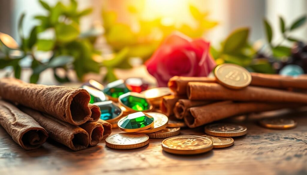 A luxurious arrangement featuring cinnamon sticks, gold coins, and elegant gemstones on a richly textured wooden table, symbolizing wealth and prosperity. In the foreground, focus on a detailed close-up of the aromatic cinnamon sticks, their curled edges and warm brown tones contrasting with shiny gold coins scattered nearby. In the middle ground, a soft, glowing light bathes the scene, enhancing the sparkle of the gemstones, which are varied in color, reflecting shades of green, red, and blue. In the background, a subtle blur of lush greenery signifies growth and abundance, creating a serene atmosphere. Use soft, warm lighting to evoke a sense of richness and opulence, captured from a slightly elevated angle for depth. A luxurious arrangement featuring cinnamon sticks, gold coins, and elegant gemstones on a richly textured wooden table, symbolizing wealth and prosperity. In the foreground, focus on a detailed close-up of the aromatic cinnamon sticks, their curled edges and warm brown tones contrasting with shiny gold coins scattered nearby. In the middle ground, a soft, glowing light bathes the scene, enhancing the sparkle of the gemstones, which are varied in color, reflecting shades of green, red, and blue. In the background, a subtle blur of lush greenery signifies growth and abundance, creating a serene atmosphere. Use soft, warm lighting to evoke a sense of richness and opulence, captured from a slightly elevated angle for depth.