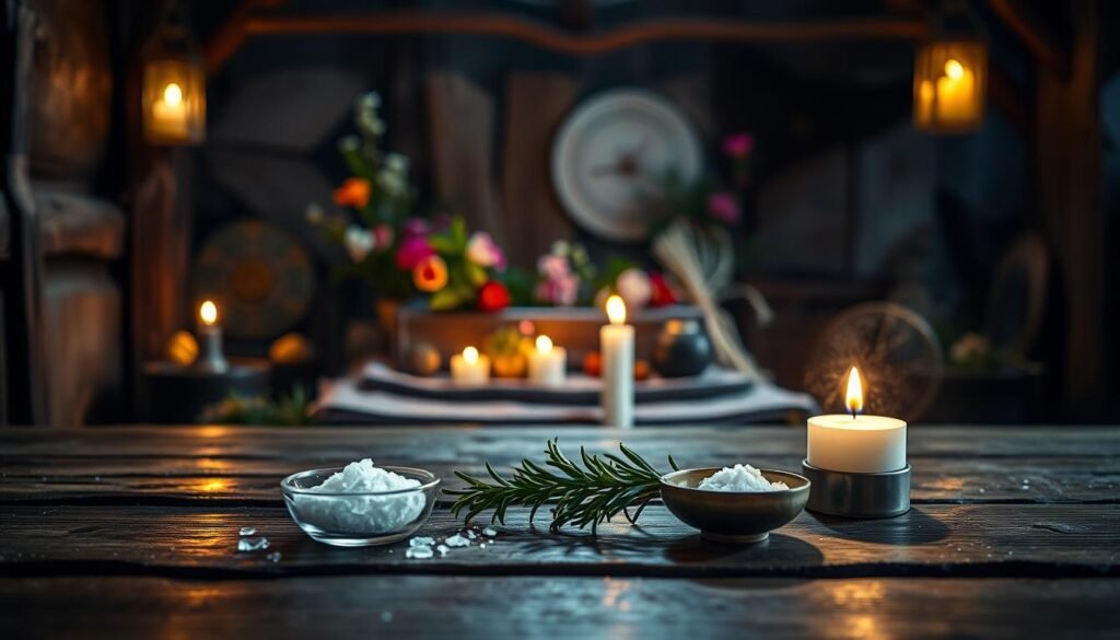 A mystical and serene scene depicting a traditional folk ritual to ward off jealousy. In the foreground, three symbolic objects are arranged: a small bowl of salt, a sprig of fresh rosemary, and a lit candle, all resting on a rustic wooden table. The middle ground features a softly glowing altar adorned with colorful flowers and delicate herbs, enhancing the mystical atmosphere. The background reveals a dimly lit room with wooden beams and a subtle glow from enchanted lanterns, casting gentle shadows. Soft, warm lighting envelops the scene, creating a cozy and inviting mood. The scene should have a focus on textures, capturing the natural elements with a depth of field that emphasizes the foreground while keeping the background slightly blurred. No people are present in the image. Aim for a harmonious, enchanting aesthetic that embodies the essence of protective rituals. A mystical and serene scene depicting a traditional folk ritual to ward off jealousy. In the foreground, three symbolic objects are arranged: a small bowl of salt, a sprig of fresh rosemary, and a lit candle, all resting on a rustic wooden table. The middle ground features a softly glowing altar adorned with colorful flowers and delicate herbs, enhancing the mystical atmosphere. The background reveals a dimly lit room with wooden beams and a subtle glow from enchanted lanterns, casting gentle shadows. Soft, warm lighting envelops the scene, creating a cozy and inviting mood. The scene should have a focus on textures, capturing the natural elements with a depth of field that emphasizes the foreground while keeping the background slightly blurred. No people are present in the image. Aim for a harmonious, enchanting aesthetic that embodies the essence of protective rituals.