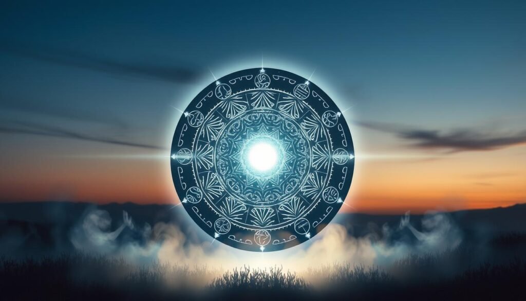 A mystical energy shield radiates a soft, shimmering light at its core, surrounded by intricate patterns of protective symbols and runes. In the foreground, a luminescent aura expands outward, creating a barrier against unseen dark forces. The middle ground features ethereal shadows, hinting at the presence of energy vampires, depicted as vague, menacing silhouettes retreating from the light. The background is a serene, twilight landscape with a gradient sky transitioning from deep blue to warm gold, suggesting a transition from danger to safety. Soft, diffused lighting casts gentle reflections off the shield, enhancing its magical essence. The overall mood is one of hope and protection, with an emphasis on resilience against negativity. The composition is centered, inviting viewers to focus on the shield's empowering presence.