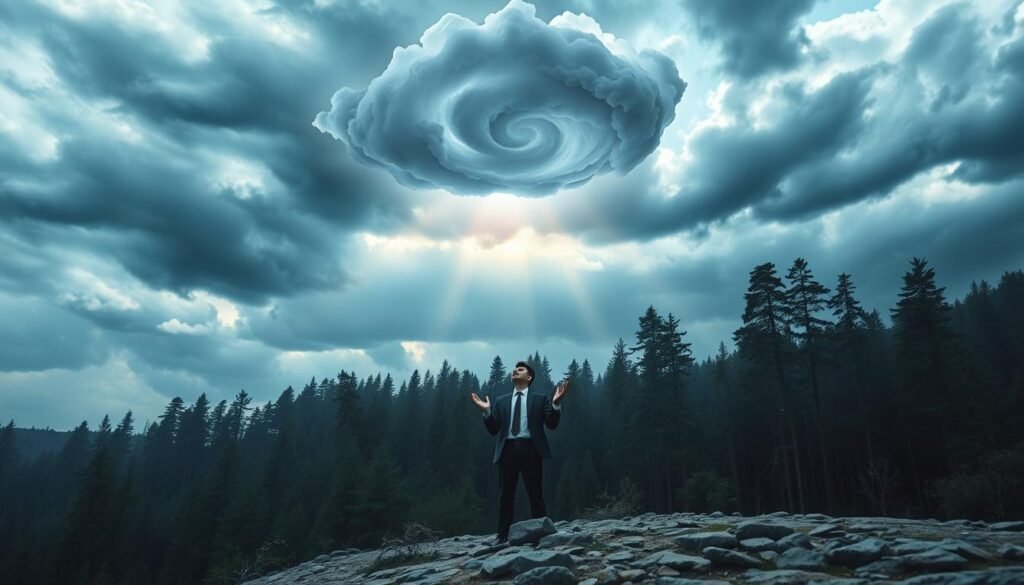 A mystical landscape depicting the heavy energy felt during moments of overwhelming stress. In the foreground, depict a person in professional business attire, standing on a rocky pathway, eyes closed, and hands raised towards a swirling, dark cloud above, symbolizing heavy energy. The middle ground features a dense forest with trees bending slightly as if burdened, while the background shows a dramatic sky filled with dark blue and gray hues, illuminated by soft, ethereal light breaking through the clouds. Use a shallow depth of field to focus on the person, with the soft glow creating a contrasting atmosphere of calm amidst chaos. The overall mood is introspective and contemplative, emphasizing the weight of energy and emotional turmoil.
