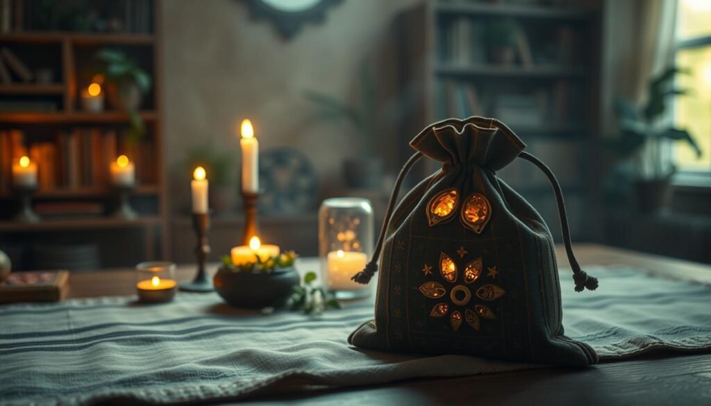 A mystical pouch, intricately designed and adorned with symbols of luck, placed prominently in the foreground. The pouch is filled with shimmering crystals and vibrant herbs, suggesting magical properties. In the middle ground, a softly glowing amulet of fortune, reflecting a gentle light, rests alongside the pouch on a wooden table covered with delicate fabric. The background features a dimly lit, serene setting, with candles flickering and shelves lined with enchanting books and plants, creating a warm, inviting atmosphere. The lighting is soft and ethereal, enhancing the magical feel of the scene. Capture this moment with a close-up angle, focusing on the intricate details of the pouch and amulet, evoking a sense of wonder and enchantment. A mystical pouch, intricately designed and adorned with symbols of luck, placed prominently in the foreground. The pouch is filled with shimmering crystals and vibrant herbs, suggesting magical properties. In the middle ground, a softly glowing amulet of fortune, reflecting a gentle light, rests alongside the pouch on a wooden table covered with delicate fabric. The background features a dimly lit, serene setting, with candles flickering and shelves lined with enchanting books and plants, creating a warm, inviting atmosphere. The lighting is soft and ethereal, enhancing the magical feel of the scene. Capture this moment with a close-up angle, focusing on the intricate details of the pouch and amulet, evoking a sense of wonder and enchantment.