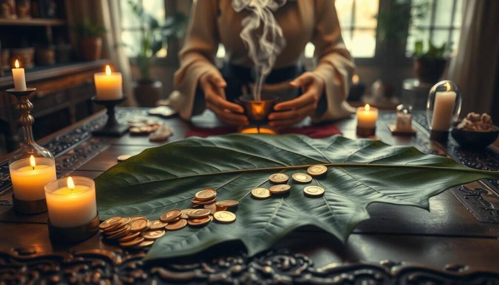 A mystical ritual scene centered around a large, vibrant bay leaf resting on an ornate, wooden table. In the foreground, the bay leaf is embellished with gold coins, symbolizing wealth and prosperity. Soft, flickering candlelight casts gentle shadows, enhancing the enchanting atmosphere. The middle ground features a pair of hands, clad in elegant, modest attire, gently holding the bay leaf while a small cauldron emits wisps of fragrant smoke, signifying intention and manifestation. In the background, a softly lit room is adorned with natural elements like potted herbs and shimmering crystals, further enhancing the mystical vibe. The overall mood is serene and focused, inviting viewers to partake in the ritual's essence. The lighting is warm, with a slight golden hue, adding to the sense of magic and abundance. A mystical ritual scene centered around a large, vibrant bay leaf resting on an ornate, wooden table. In the foreground, the bay leaf is embellished with gold coins, symbolizing wealth and prosperity. Soft, flickering candlelight casts gentle shadows, enhancing the enchanting atmosphere. The middle ground features a pair of hands, clad in elegant, modest attire, gently holding the bay leaf while a small cauldron emits wisps of fragrant smoke, signifying intention and manifestation. In the background, a softly lit room is adorned with natural elements like potted herbs and shimmering crystals, further enhancing the mystical vibe. The overall mood is serene and focused, inviting viewers to partake in the ritual's essence. The lighting is warm, with a slight golden hue, adding to the sense of magic and abundance.