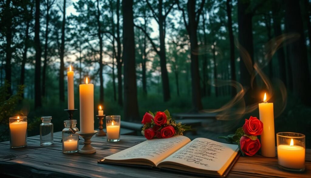 A mystical scene depicting love spells in a serene, enchanting forest. In the foreground, a wooden table adorned with candles, crystal vials, and herbs signifies a ritual space. An open spellbook, with elegant calligraphy, lies beside a bouquet of fresh roses. The middle ground features a soft candlelight glow illuminating the surroundings, creating a warm and inviting atmosphere. Ethereal wisps of light swirl around, hinting at the transformative power of intentions in love. In the background, tall trees with lush green leaves stretch towards a twilight sky, casting gentle shadows. The overall mood conveys hope and connection, capturing the essence of attracting love without focusing on specific individuals. Use a warm color palette and soft focus to evoke a sense of magic and possibility.