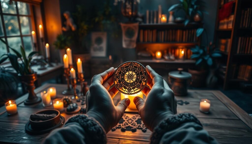 A mystical scene depicting the activation of a protective amulet. In the foreground, a pair of hands gently hold a beautifully crafted amulet, adorned with intricate symbols and glowing faintly, suggesting it is being activated. The middle ground features a softly lit wooden table covered with ritualistic items like herbs, candles, and crystals, all cast in warm candlelight. In the background, a serene and enchanting room filled with soft shadows, lush plants, and shelves lined with ancient books, creating an atmosphere of tranquility and magic. The lighting is soft and warm, enhancing the mystical ambiance. Capture the close-up details of the amulet and the hands, focusing on the connection between the ritualistic elements and the energy being invoked. A mystical scene depicting the activation of a protective amulet. In the foreground, a pair of hands gently hold a beautifully crafted amulet, adorned with intricate symbols and glowing faintly, suggesting it is being activated. The middle ground features a softly lit wooden table covered with ritualistic items like herbs, candles, and crystals, all cast in warm candlelight. In the background, a serene and enchanting room filled with soft shadows, lush plants, and shelves lined with ancient books, creating an atmosphere of tranquility and magic. The lighting is soft and warm, enhancing the mystical ambiance. Capture the close-up details of the amulet and the hands, focusing on the connection between the ritualistic elements and the energy being invoked.