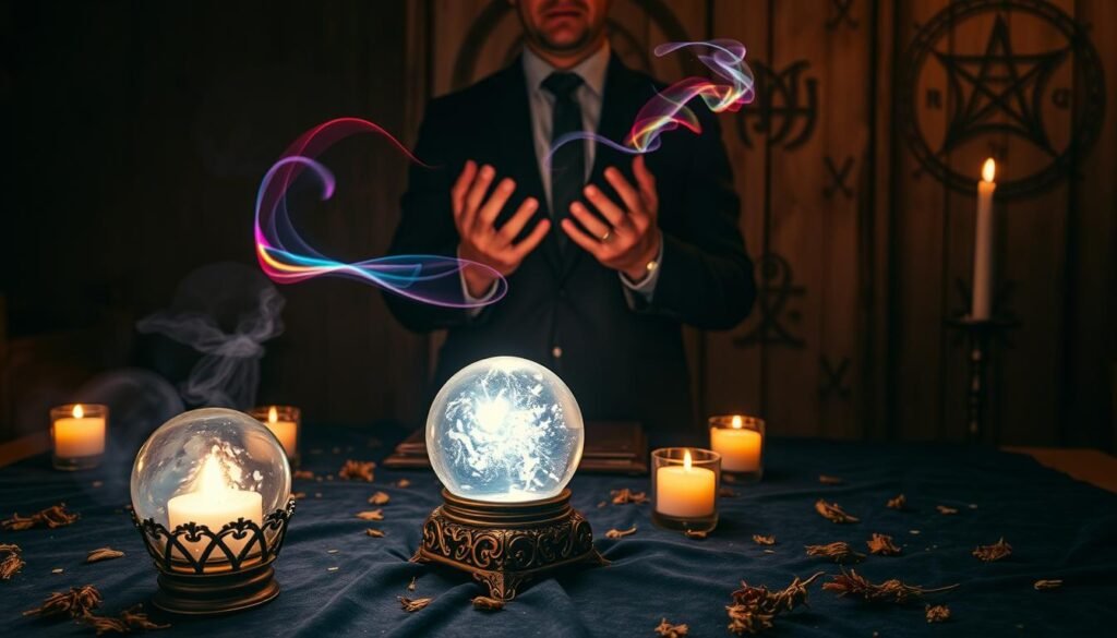 A mystical scene depicting the concept of "magic," with a focus on ethereal elements that suggest illusion rather than true power. In the foreground, an ornate, glowing crystal ball rests on a dark, velvet tabletop, surrounded by scattered dried herbs and flickering candles casting warm, soft light. In the middle ground, a shadowy figure in modest, professional attire is partially visible, their hands raised as if conjuring shimmering, colorful wisps of light that dance in the air. In the background, an ancient wooden wall adorned with intricate, faded symbols hints at old rituals. The atmosphere is mysterious yet calm, bathed in a twilight glow that adds depth to the composition, highlighting the delicate balance between allure and caution. Ensure the lighting is soft and enchanting, creating a dreamy, contemplative mood.