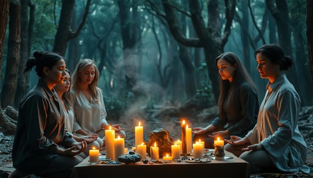 A mystical scene showcasing an esoteric ritual intertwined with themes of karma. In the foreground, a diverse group of individuals in modest, professional attire, engages in focused meditation and energy work, their expressions serene and contemplative. The middle ground features an altar adorned with candles, crystals, and symbolic tools, casting warm, flickering light that enhances the atmosphere. The background reveals a softly lit, ancient forest, adding a sense of timelessness and depth to the environment. Ethereal light glows around the participants, symbolizing energy transfer and the interconnectedness of actions and consequences. The overall mood is tranquil, reflective, and spiritually uplifting, inviting the viewer into a deeper understanding of karma's influence within esoteric practices. A mystical scene showcasing an esoteric ritual intertwined with themes of karma. In the foreground, a diverse group of individuals in modest, professional attire, engages in focused meditation and energy work, their expressions serene and contemplative. The middle ground features an altar adorned with candles, crystals, and symbolic tools, casting warm, flickering light that enhances the atmosphere. The background reveals a softly lit, ancient forest, adding a sense of timelessness and depth to the environment. Ethereal light glows around the participants, symbolizing energy transfer and the interconnectedness of actions and consequences. The overall mood is tranquil, reflective, and spiritually uplifting, inviting the viewer into a deeper understanding of karma's influence within esoteric practices.