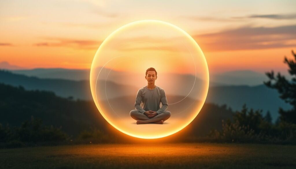 A radiant visualization of a protective shield manifested as a glowing orb of light. In the foreground, a luminous bubble emits a warm, soft light, encapsulating a serene figure sitting cross-legged, dressed in modest casual clothing, embodying tranquility and focus. The middle layer features ethereal swirling patterns of energy around the orb, signifying protection and positive energy flowing outward. In the background, a tranquil natural setting unfolds with gentle hills and softly swaying trees under a twilight sky, enhancing the peaceful atmosphere. The scene is bathed in a golden glow, casting gentle shadows that create a calming effect. The overall mood is one of safety and serenity, inviting the viewer to feel a sense of warmth and protection from negative energy. A radiant visualization of a protective shield manifested as a glowing orb of light. In the foreground, a luminous bubble emits a warm, soft light, encapsulating a serene figure sitting cross-legged, dressed in modest casual clothing, embodying tranquility and focus. The middle layer features ethereal swirling patterns of energy around the orb, signifying protection and positive energy flowing outward. In the background, a tranquil natural setting unfolds with gentle hills and softly swaying trees under a twilight sky, enhancing the peaceful atmosphere. The scene is bathed in a golden glow, casting gentle shadows that create a calming effect. The overall mood is one of safety and serenity, inviting the viewer to feel a sense of warmth and protection from negative energy.