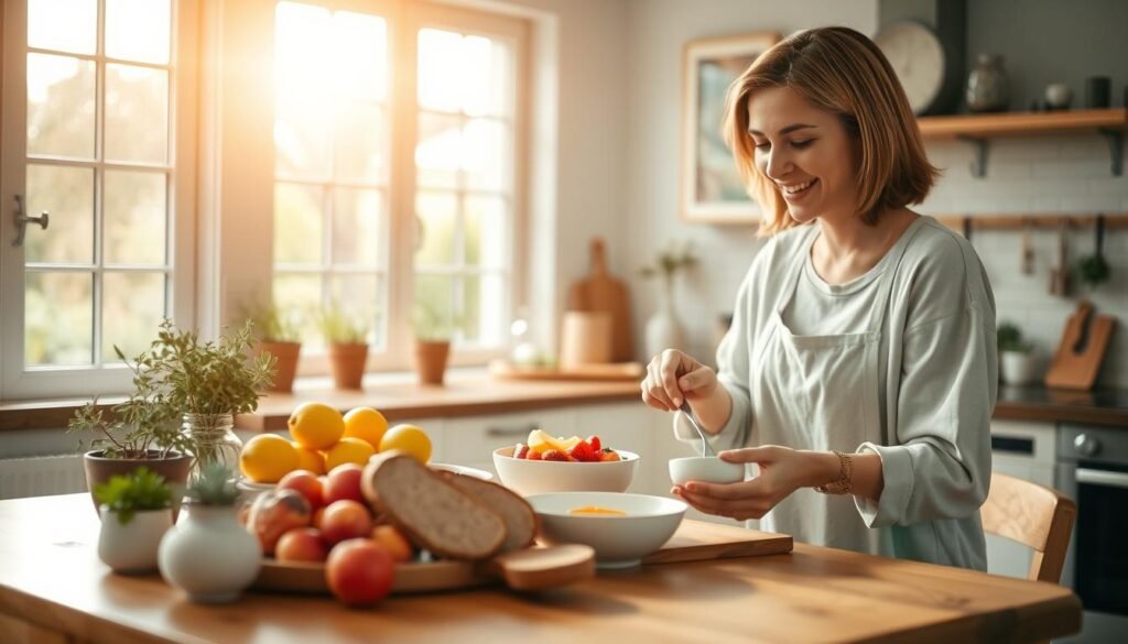 A serene Sunday morning scene depicting a cozy kitchen, filled with warm natural light streaming through large windows. In the foreground, a woman in modest casual clothing is preparing a healthy breakfast, laying out bowls of fruit and whole grain bread on a wooden table. In the middle ground, the kitchen is adorned with potted herbs and soft pastel colors, suggesting a calm and inviting atmosphere. The background shows a glimpse of a peaceful garden outside, enhancing the tranquility of the setting. The focus is on the joyful preparation, showcasing a sense of organized calm and readiness for the upcoming week. The overall mood is peaceful and uplifting, evoking a nurturing environment that emphasizes self-care and mindfulness.