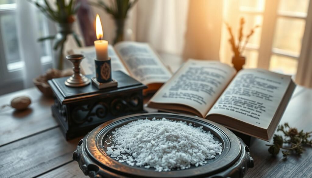 A serene altar setting capturing "common mistakes in rituals" with a protective salt and candle arrangement. In the foreground, a small, ornate wooden table hosts an imperfectly arranged circle of salt, with slightly spilled grains symbolizing carelessness. A flickering candle sits off-center, casting dynamic shadows. The middle ground features an open book with hand-written notes and highlighted sections about ritual errors, such as improper intentions or distractions. The background is softly blurred, showcasing an ethereal, softly-lit room with mystical elements like crystals and herbs, enhancing the atmosphere of introspection and focus. Natural light streams in from a nearby window, creating a warm, inviting glow that emphasizes the transformative and reflective mood of the scene.