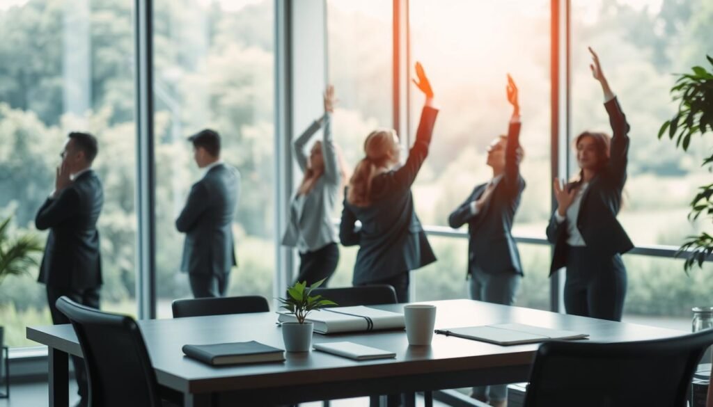 A serene and balanced workspace scene, featuring a professional setting that communicates a sense of safety and well-being. In the foreground, a diverse group of individuals in professional business attire are engaged in a mindful morning ritual, practicing stretching exercises and deep breathing beside a large window that lets in soft, warm morning light. The middle ground shows a neatly organized desk with calming elements like a small plant, a journal, and a cup of herbal tea. In the background, a peaceful outdoor view of a lush green park can be seen, contributing to a tranquil atmosphere. The overall mood is uplifting and focused, reflecting the importance of body safety and energetic protection in the workplace. The image captures a balance of professionalism and personal well-being. A serene and balanced workspace scene, featuring a professional setting that communicates a sense of safety and well-being. In the foreground, a diverse group of individuals in professional business attire are engaged in a mindful morning ritual, practicing stretching exercises and deep breathing beside a large window that lets in soft, warm morning light. The middle ground shows a neatly organized desk with calming elements like a small plant, a journal, and a cup of herbal tea. In the background, a peaceful outdoor view of a lush green park can be seen, contributing to a tranquil atmosphere. The overall mood is uplifting and focused, reflecting the importance of body safety and energetic protection in the workplace. The image captures a balance of professionalism and personal well-being.