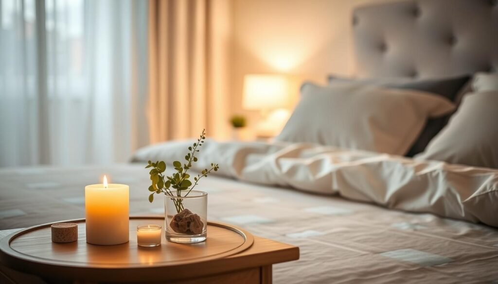 A serene and calming bedroom scene designed for a protective sleep ritual. In the foreground, a beautifully arranged bedside table adorned with a softly flickering candle, a small plant, and a crystal or amulet for guarding against negativity. The middle ground features a neatly made bed with soft, inviting bedding in soothing colors, like pastel blues and whites. A gentle, dim light fills the room, creating a tranquil atmosphere. In the background, there is a softly glowing nightstand lamp and curtains lightly billowing in the breeze, hinting at a peaceful night. The entire composition conveys a sense of calm and comfort, encouraging restful sleep. Use a warm, soft focus lens to enhance the serene mood, with subtle lighting emphasizing the peaceful elements.