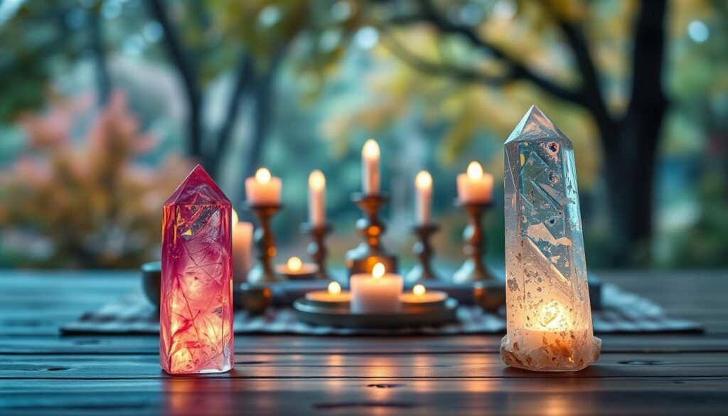 A serene and calming scene representing the common mistakes in energy cleansing. In the foreground, depict two glowing crystals—one vibrant and one dull—symbolizing the effects of proper vs. improper cleansing. In the middle ground, an elegantly arranged sacred space with candles and incense, softly flickering under warm, inviting light. The background features blurred trees and soft pastel colors of a peaceful nature setting, creating a tranquil atmosphere. Use soft, diffused lighting to enhance the sense of serenity. The composition should convey a sense of caution, illustrating the importance of mindfulness in cleansing rituals, while maintaining a harmonious balance throughout the image. Angle the scene slightly to create depth, focusing on the contrast between light and shadow for added visual impact.