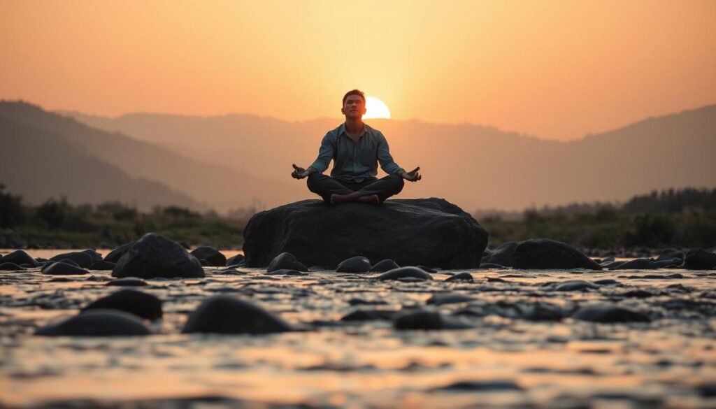 A serene and contemplative scene depicting the concept of "closure" and reflecting on the past. In the foreground, a gently flowing river symbolizes the passage of time, with smooth stones scattered along its banks. In the middle ground, a person dressed in modest casual clothing sits on a large rock, eyes closed, meditating peacefully as the golden light of dawn bathes the landscape. Their posture conveys a sense of calm and resolution. In the background, soft hills transition into a tranquil horizon, where the sun rises gradually, casting warm hues of orange and pink across the sky. The overall atmosphere is tranquil and reflective, encouraging a sense of inner peace and release from the past, with soft, diffused lighting that enhances the mood. A serene and contemplative scene depicting the concept of "closure" and reflecting on the past. In the foreground, a gently flowing river symbolizes the passage of time, with smooth stones scattered along its banks. In the middle ground, a person dressed in modest casual clothing sits on a large rock, eyes closed, meditating peacefully as the golden light of dawn bathes the landscape. Their posture conveys a sense of calm and resolution. In the background, soft hills transition into a tranquil horizon, where the sun rises gradually, casting warm hues of orange and pink across the sky. The overall atmosphere is tranquil and reflective, encouraging a sense of inner peace and release from the past, with soft, diffused lighting that enhances the mood.