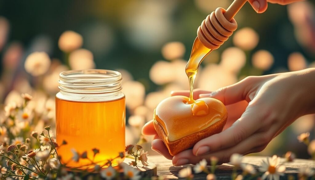 A serene and enchanting scene centered around a glowing jar of honey, symbolizing love and connection. In the foreground, the jar of honey is surrounded by delicate wildflowers, with a golden spoon resting beside it. The sunny middle ground features gentle hands, adorned with simple, elegant rings, pouring honey over a heart-shaped pastry, depicting the sweet moments in relationships. Soft, warm golden light bathes the entire scene, illuminating the honey to reflect richness and warmth. In the background, blurred pastel-colored flowers create a tranquil garden ambiance, enhancing the mood of harmony and sweetness. The atmosphere is inviting and romantic, promoting a sense of love and lasting connection. A serene and enchanting scene centered around a glowing jar of honey, symbolizing love and connection. In the foreground, the jar of honey is surrounded by delicate wildflowers, with a golden spoon resting beside it. The sunny middle ground features gentle hands, adorned with simple, elegant rings, pouring honey over a heart-shaped pastry, depicting the sweet moments in relationships. Soft, warm golden light bathes the entire scene, illuminating the honey to reflect richness and warmth. In the background, blurred pastel-colored flowers create a tranquil garden ambiance, enhancing the mood of harmony and sweetness. The atmosphere is inviting and romantic, promoting a sense of love and lasting connection.