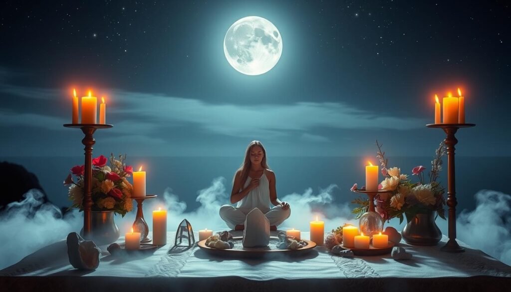 A serene and enchanting scene depicting a ritual for attracting love during a full moon. In the foreground, a beautifully arranged altar adorned with candles, crystals, and fresh flowers exudes a warm, inviting glow. A subtle mist lingers around the altar, creating a mystical ambiance. In the middle ground, a peaceful figure is seated in a meditation pose, dressed in flowing white garments, embodying tranquility and intention. The soft light of the full moon bathes the scene in silvery hues, accentuating the glow of the crystals. The background features a tranquil night sky dotted with twinkling stars, enhancing the sense of spiritual connection and cosmic energy. The overall atmosphere is calm, hopeful, and sacred, inviting viewers to partake in the ritual. Lighting should be soft and ethereal, capturing the magic of the moonlit night.