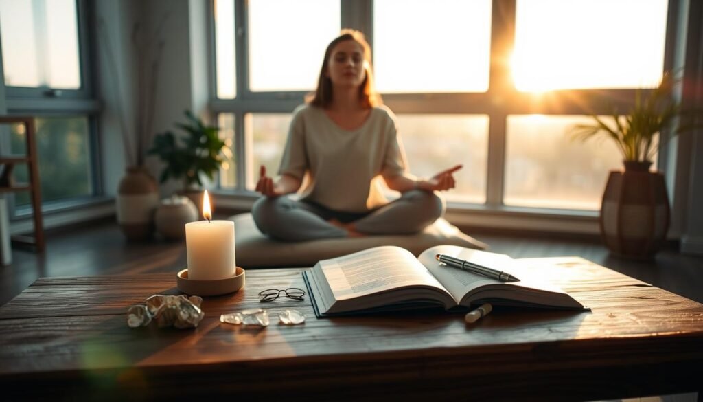 A serene and evocative scene depicting a "closure ritual" designed for beginners, set in a tranquil indoor space. In the foreground, a simple wooden table holds various symbolic items: a lit white candle, small crystals, and an open journal with a pen resting beside it. The middle ground features a person sitting cross-legged on a comfortable cushion, wearing modest casual clothing, eyes closed in meditation, surrounded by soft natural light. In the background, large windows allow the warm glow of sunset to filter through, casting gentle shadows and creating a peaceful ambiance. The mood is reflective and calming, inviting a sense of introspection and closure, symbolizing the transition from past to future. A serene and evocative scene depicting a "closure ritual" designed for beginners, set in a tranquil indoor space. In the foreground, a simple wooden table holds various symbolic items: a lit white candle, small crystals, and an open journal with a pen resting beside it. The middle ground features a person sitting cross-legged on a comfortable cushion, wearing modest casual clothing, eyes closed in meditation, surrounded by soft natural light. In the background, large windows allow the warm glow of sunset to filter through, casting gentle shadows and creating a peaceful ambiance. The mood is reflective and calming, inviting a sense of introspection and closure, symbolizing the transition from past to future.