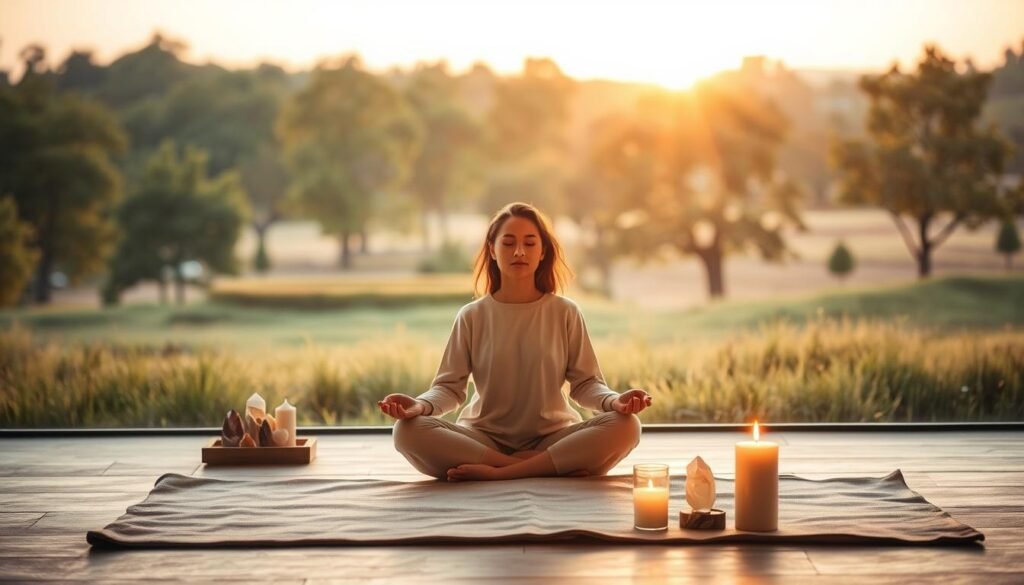 A serene and focused atmosphere illustrating the concept of "energii." In the foreground, a peaceful individual meditating on a soft mat, dressed in modest, comfortable attire, exuding calmness. The person is surrounded by a gentle glow of light, symbolizing energy flow. In the middle ground, various symbols of intent and mindfulness, such as crystals and candles, rest on a small altar, softly illuminated by warm candlelight. In the background, a tranquil nature scene with lush trees and a soft sunset, casting a golden hue across the landscape. The lighting should be soft and inviting, creating a harmonious balance between the inner and outer worlds. The overall mood is one of safety, balance, and connection with energy, inviting viewers to explore the concept of energy work thoughtfully.