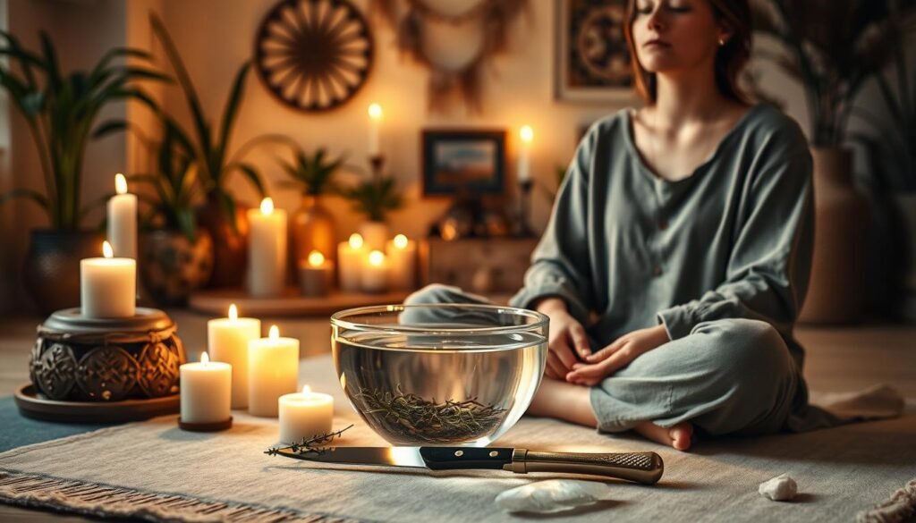 A serene and focused scene depicting the "Ritual of Cutting Energy Cords step by step." In the foreground, a person dressed in modest casual clothing is sitting cross-legged on a soft mat, surrounded by candles and crystals, with a calm, meditative expression. In the middle, a clear glass bowl filled with water and herbs symbolizes purification, while a delicate knife rests beside it, reflecting soft candlelight. The background features a warm, softly lit space decorated with plants and mystical artworks, creating a tranquil atmosphere. The lighting is gentle and golden, casting soft shadows to enhance the mood of introspection and healing. The overall composition conveys a sense of ritualistic peace and empowerment, inviting viewers to understand the significance of the process.